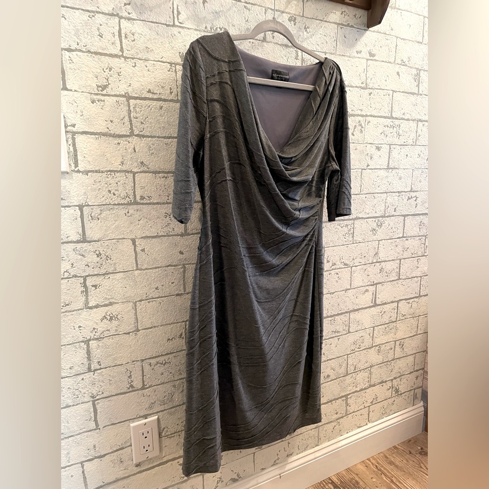 Elegant grey faux wrap dress, 3/4 sleeve, size 14, perfect for holiday party!